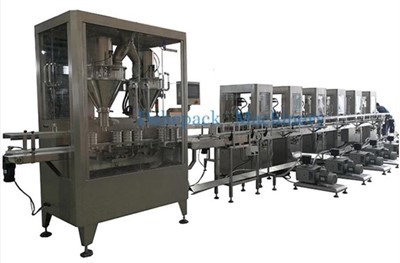 Llenar y unir leche en polvo y proteína en polvo